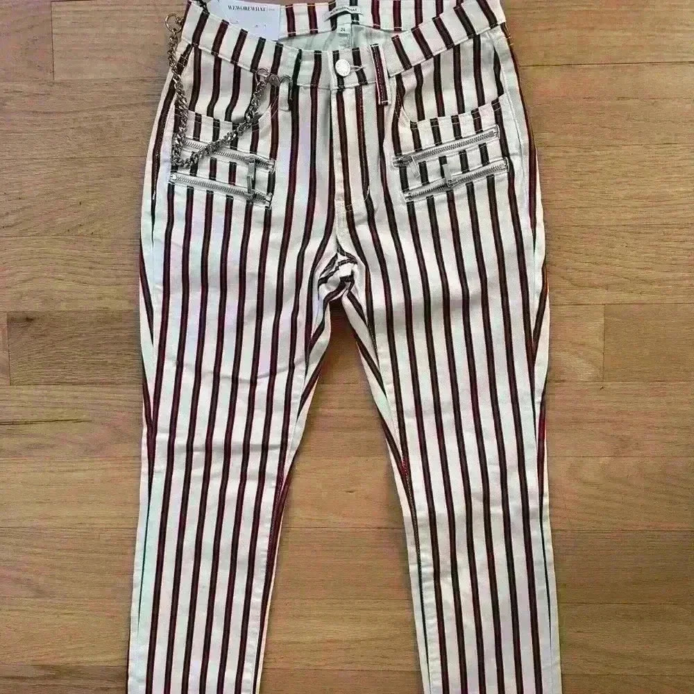 NWT We Wore What Rocker Low Rise Stripe Jeans Chains Zippers Size 24